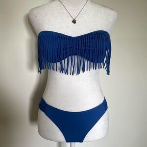 Guess Collection On The Prowl Blue Fringe Strapless Bandeau Bikini Swimsuit Set